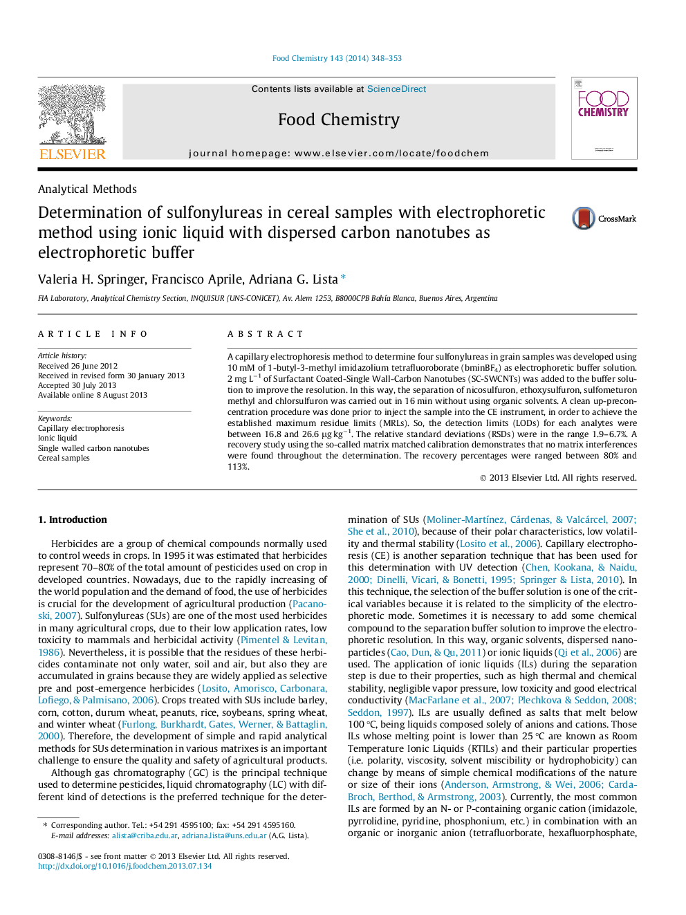 Determination of sulfonylureas in cereal samples with electrophoretic method using ionic liquid with dispersed carbon nanotubes as electrophoretic buffer