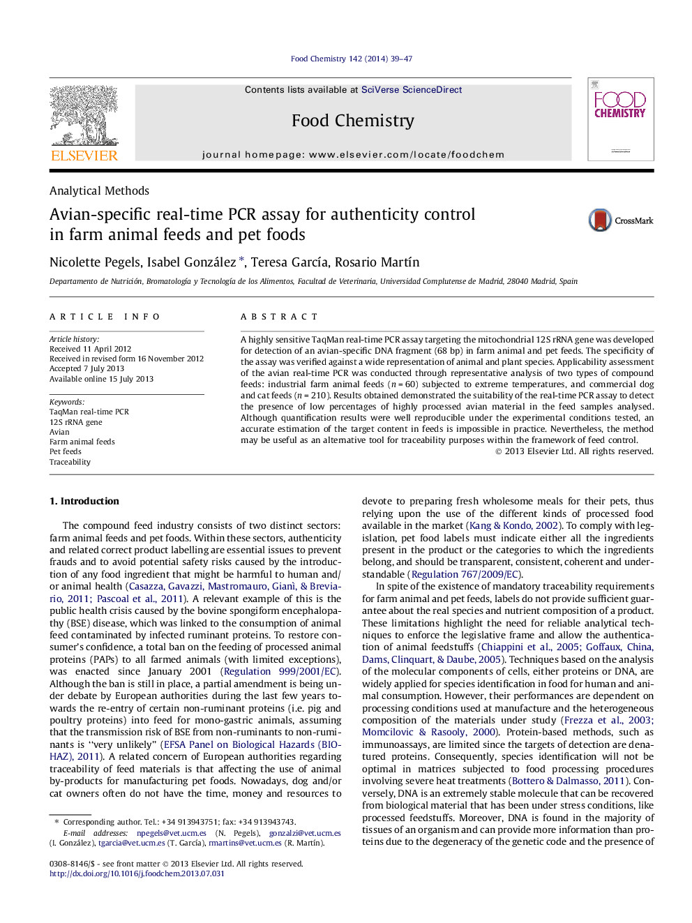 Avian-specific real-time PCR assay for authenticity control in farm animal feeds and pet foods