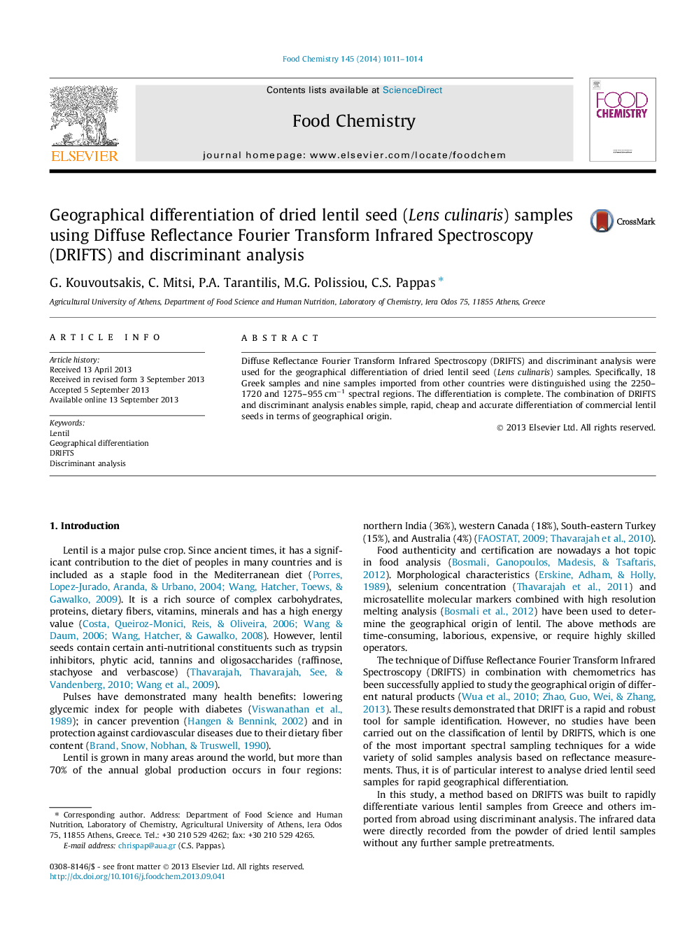 Geographical differentiation of dried lentil seed (Lens culinaris) samples using Diffuse Reflectance Fourier Transform Infrared Spectroscopy (DRIFTS) and discriminant analysis