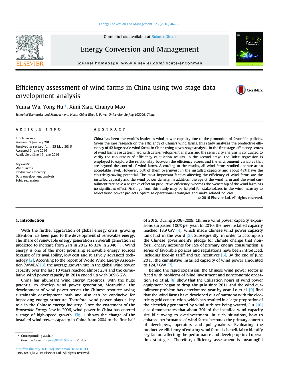 Efficiency assessment of wind farms in China using two-stage data envelopment analysis