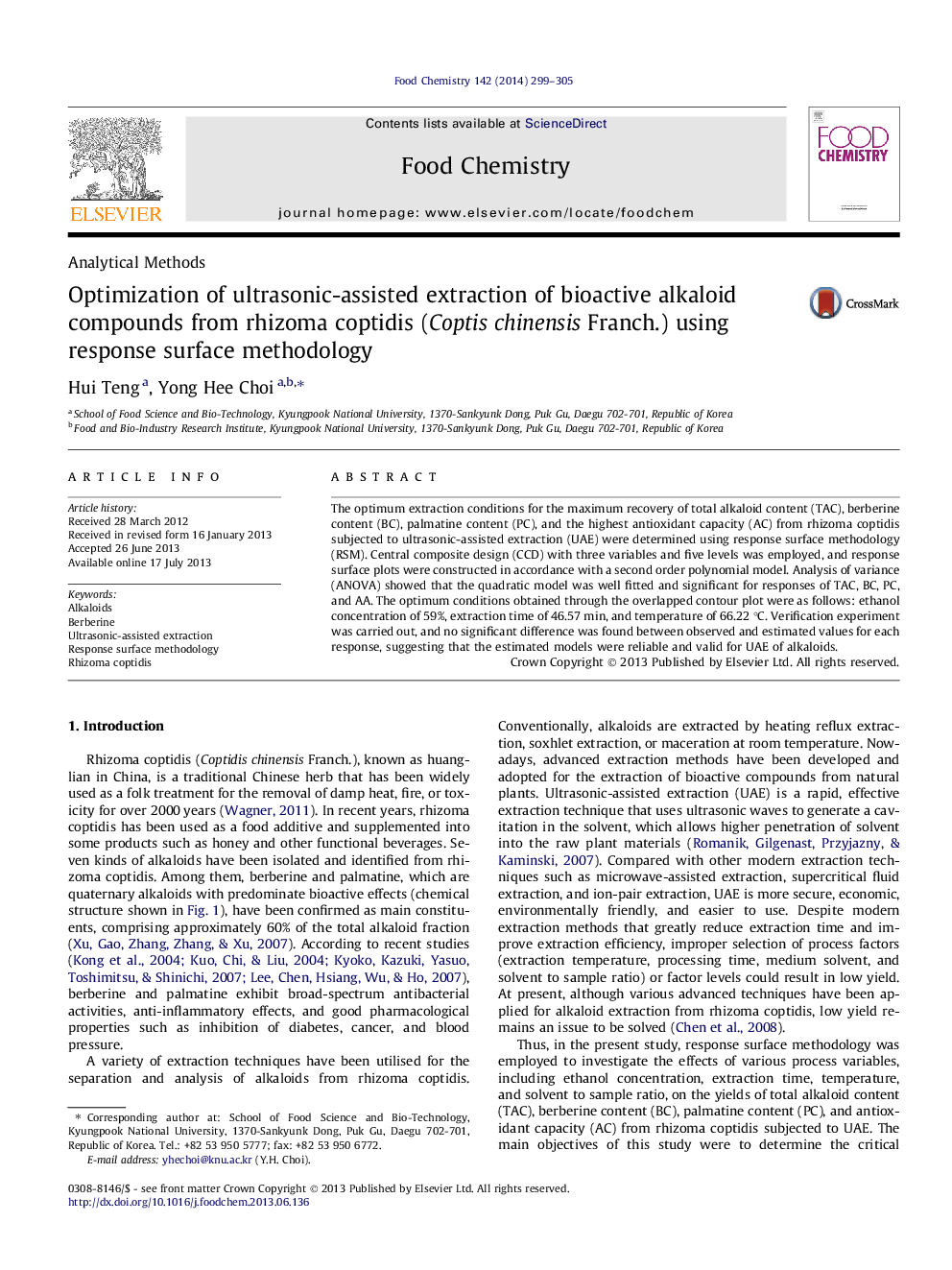 عکس صفحه اول مقاله: Optimization of ultrasonic-assisted extraction of bioactive alkaloid compounds from rhizoma coptidis (Coptis chinensis Franch.) using response surface methodology Optimization of ultrasonic-assisted extraction of bioactive alkaloid compounds from rhizoma coptidis (Coptis chinensis Franch.) using response surface methodology