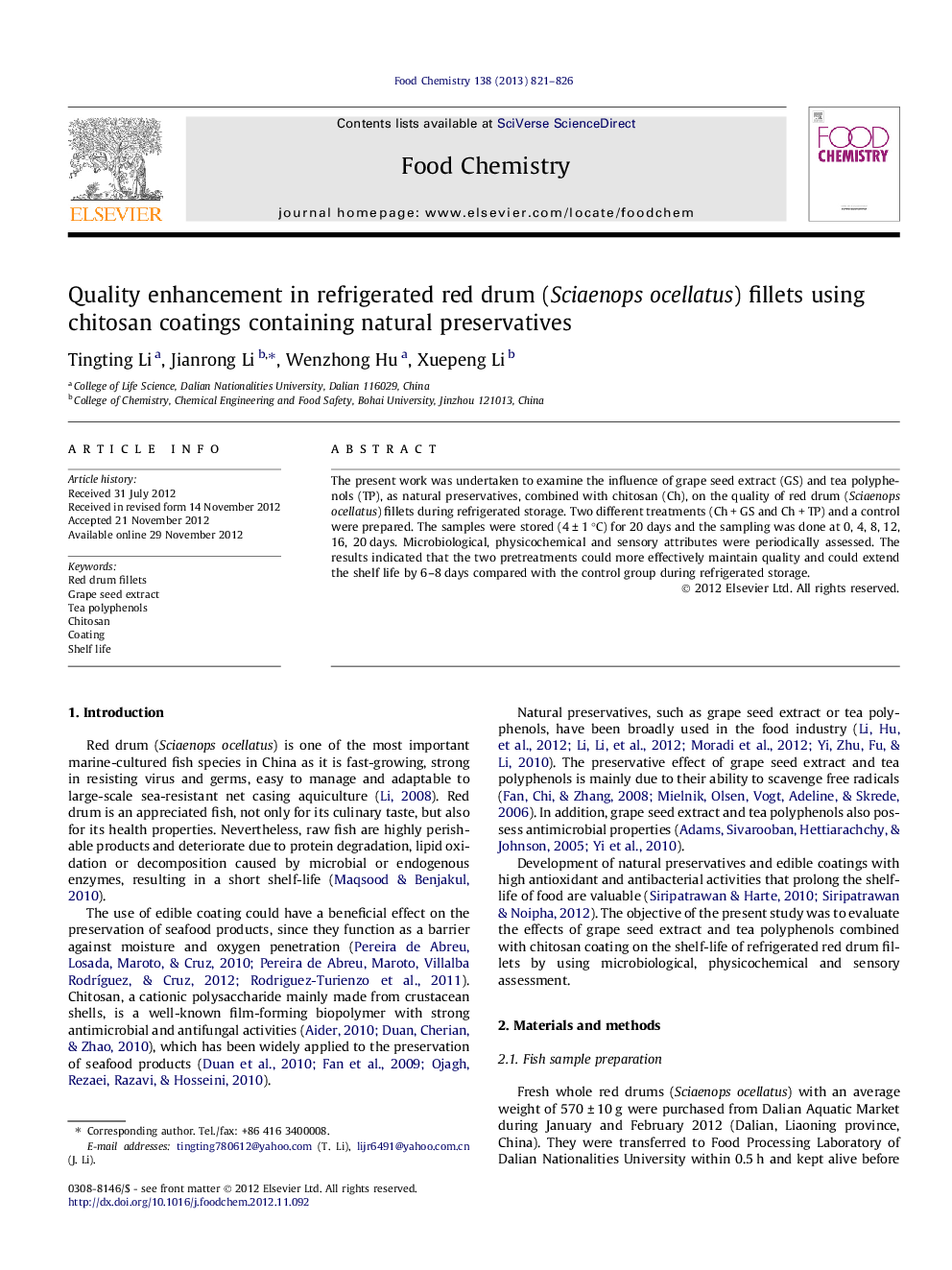 Quality enhancement in refrigerated red drum (Sciaenops ocellatus) fillets using chitosan coatings containing natural preservatives