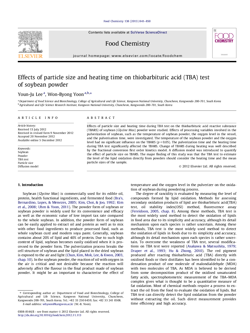 عکس صفحه اول مقاله: Effects of particle size and heating time on thiobarbituric acid (TBA) test of soybean powder Effects of particle size and heating time on thiobarbituric acid (TBA) test of soybean powder