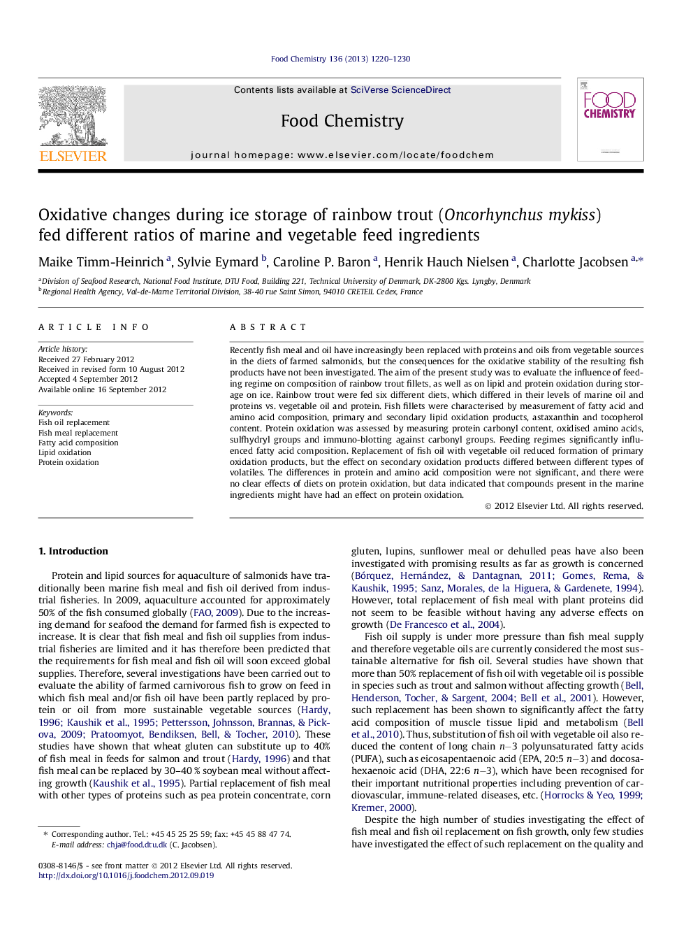 Oxidative changes during ice storage of rainbow trout (Oncorhynchus mykiss) fed different ratios of marine and vegetable feed ingredients