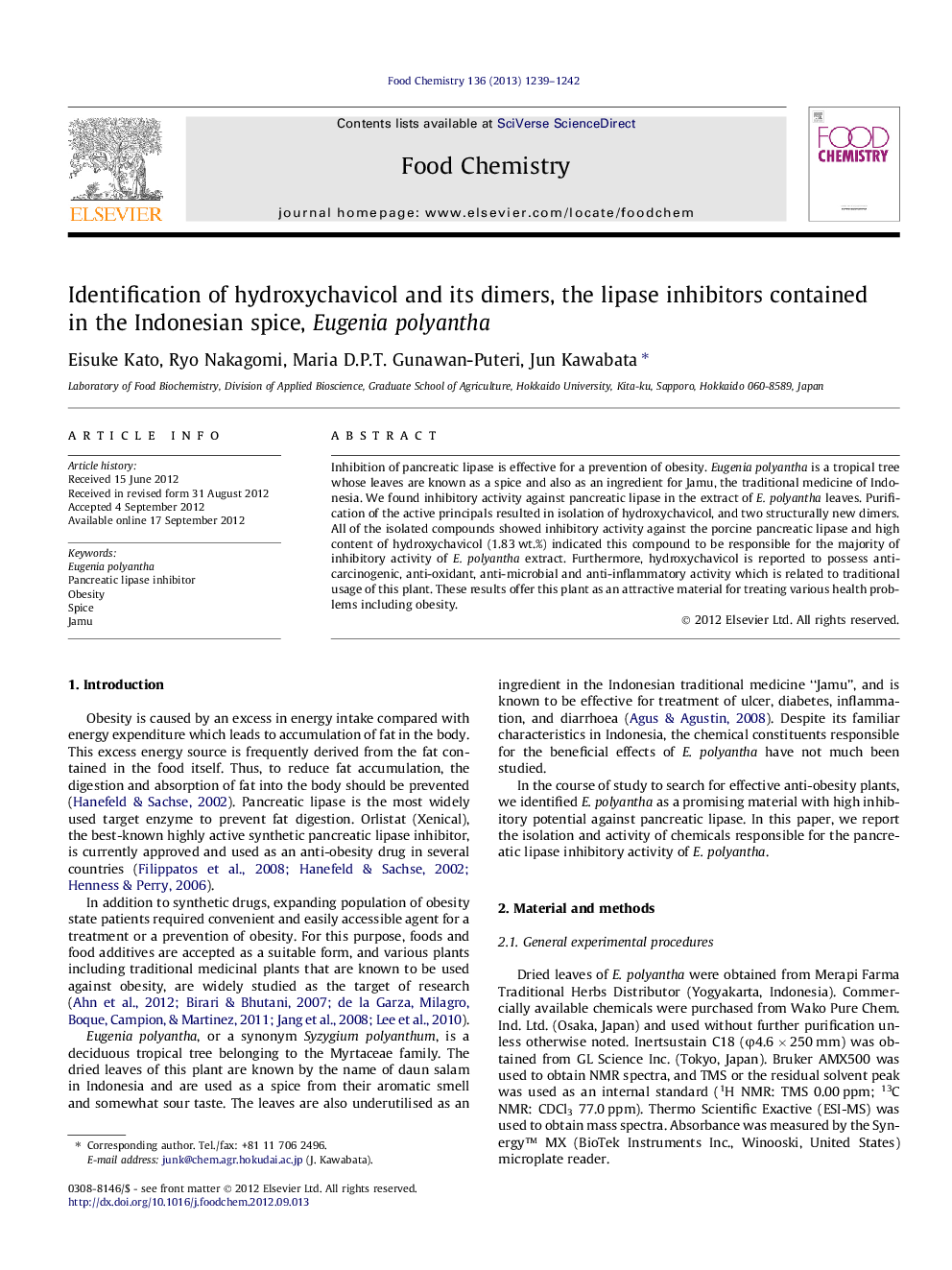 Identification of hydroxychavicol and its dimers, the lipase inhibitors contained in the Indonesian spice, Eugenia polyantha