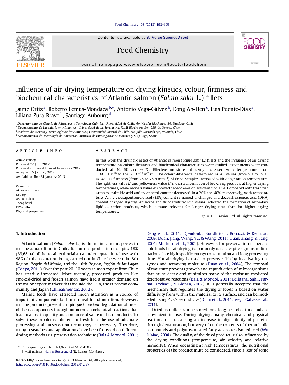 Influence of air-drying temperature on drying kinetics, colour, firmness and biochemical characteristics of Atlantic salmon (Salmo salar L.) fillets