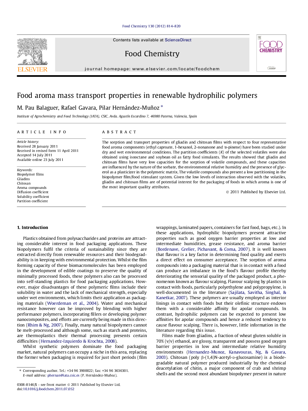 Food aroma mass transport properties in renewable hydrophilic polymers