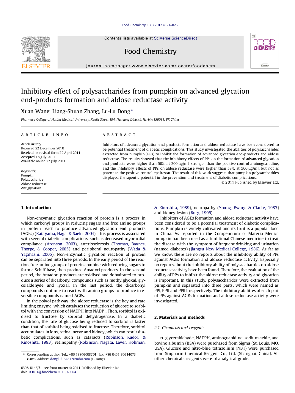 Inhibitory effect of polysaccharides from pumpkin on advanced glycation end-products formation and aldose reductase activity