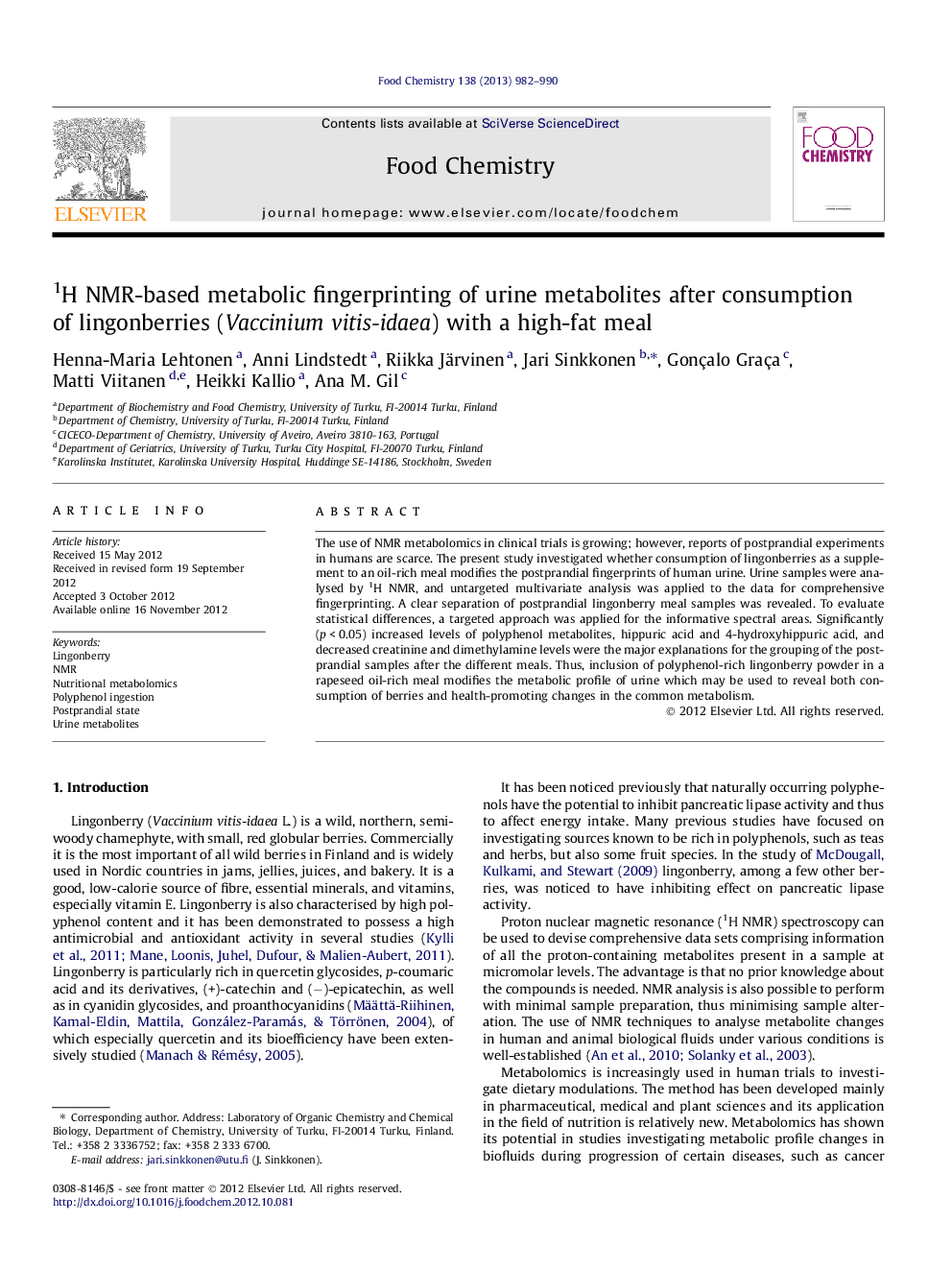 1H NMR-based metabolic fingerprinting of urine metabolites after consumption of lingonberries (Vaccinium vitis-idaea) with a high-fat meal