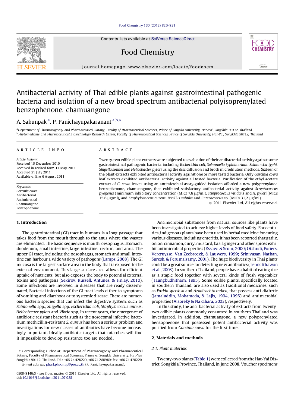 Antibacterial activity of Thai edible plants against gastrointestinal pathogenic bacteria and isolation of a new broad spectrum antibacterial polyisoprenylated benzophenone, chamuangone