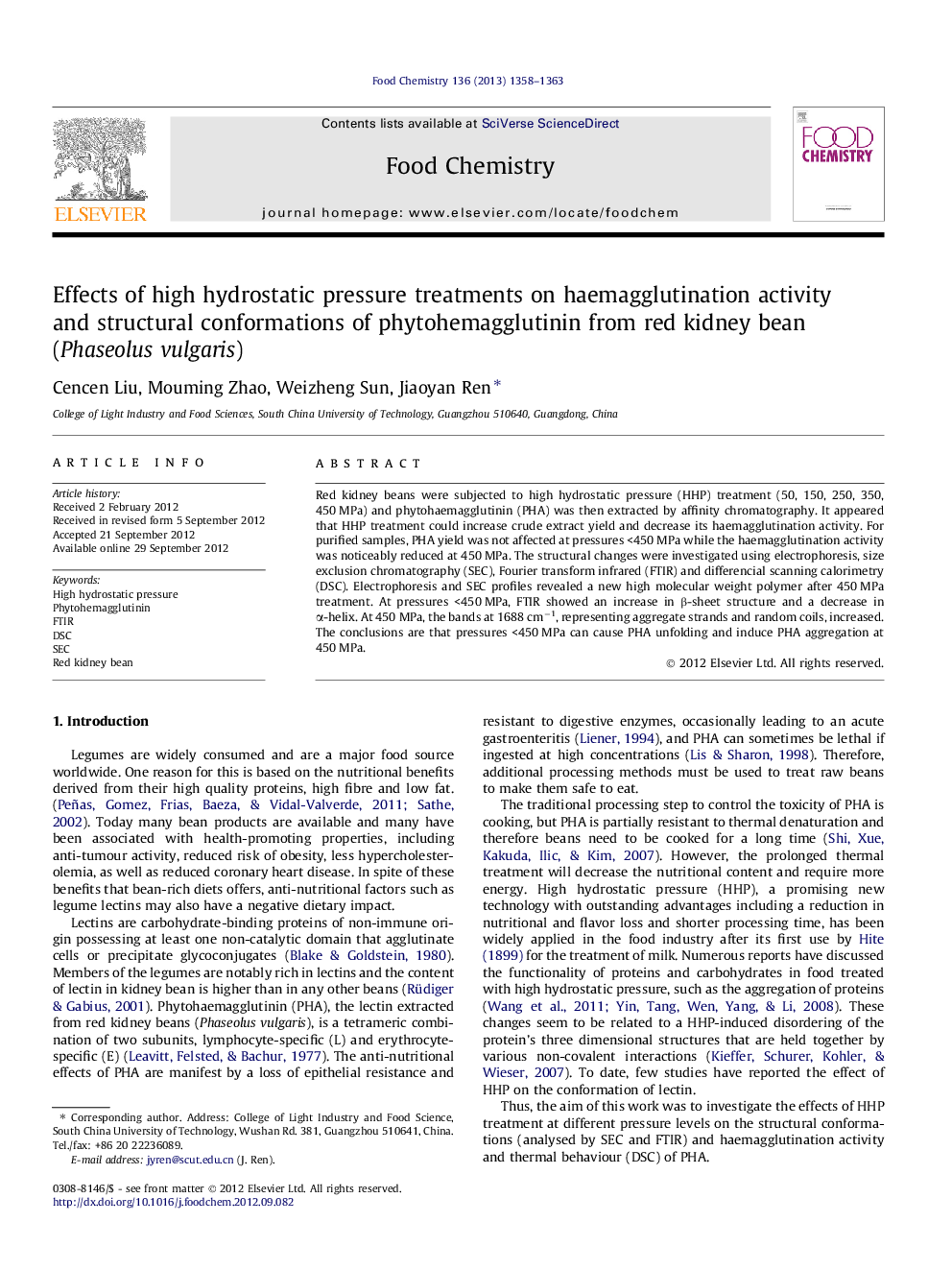 Effects of high hydrostatic pressure treatments on haemagglutination activity and structural conformations of phytohemagglutinin from red kidney bean (Phaseolus vulgaris)