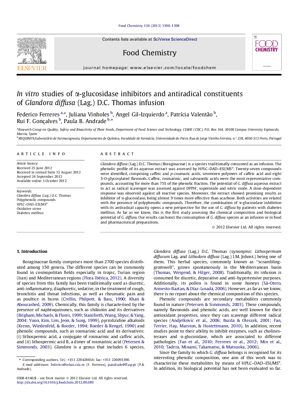 In vitro studies of Î±-glucosidase inhibitors and antiradical constituents of Glandora diffusa (Lag.) D.C. Thomas infusion