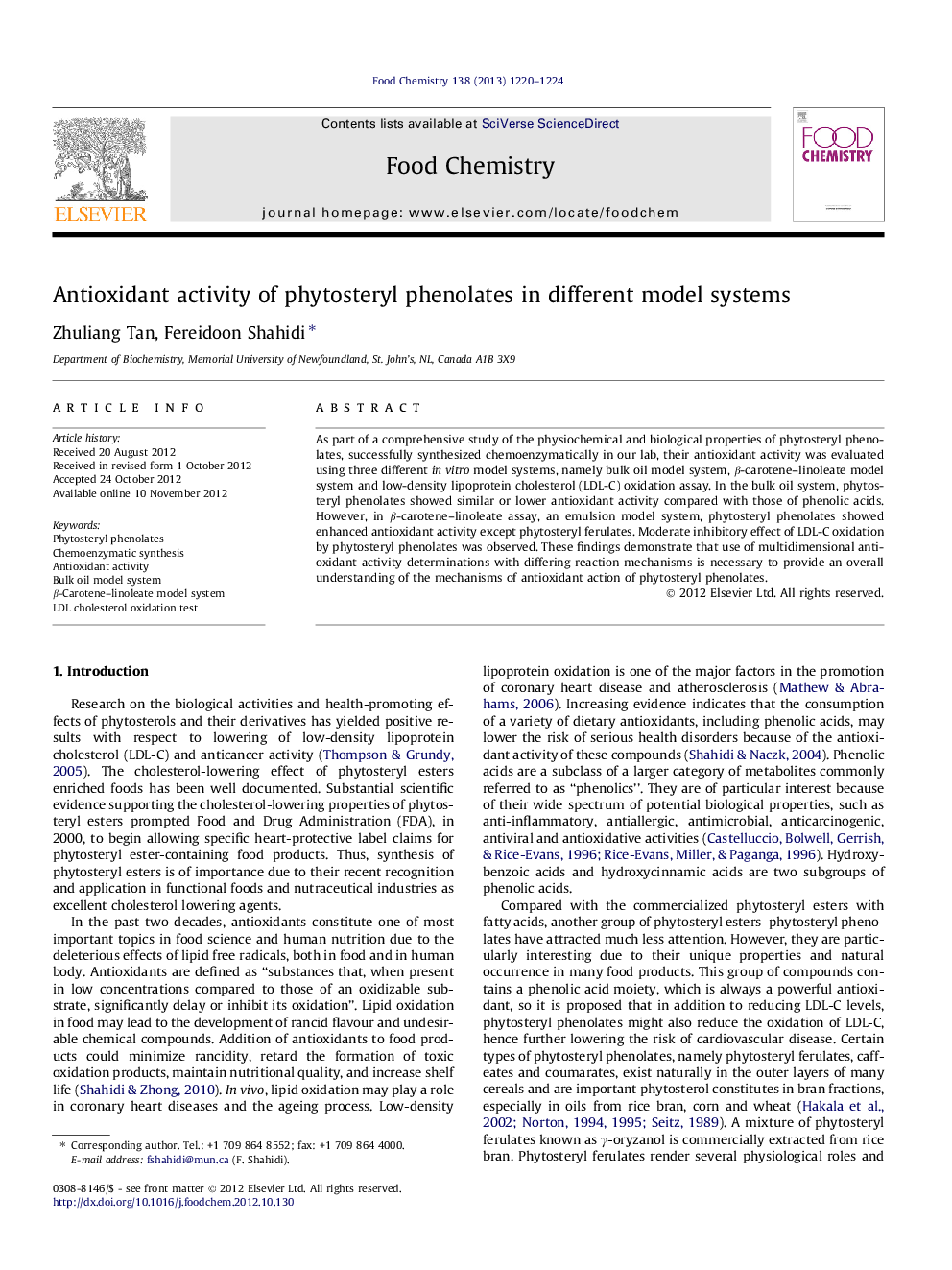 Antioxidant activity of phytosteryl phenolates in different model systems