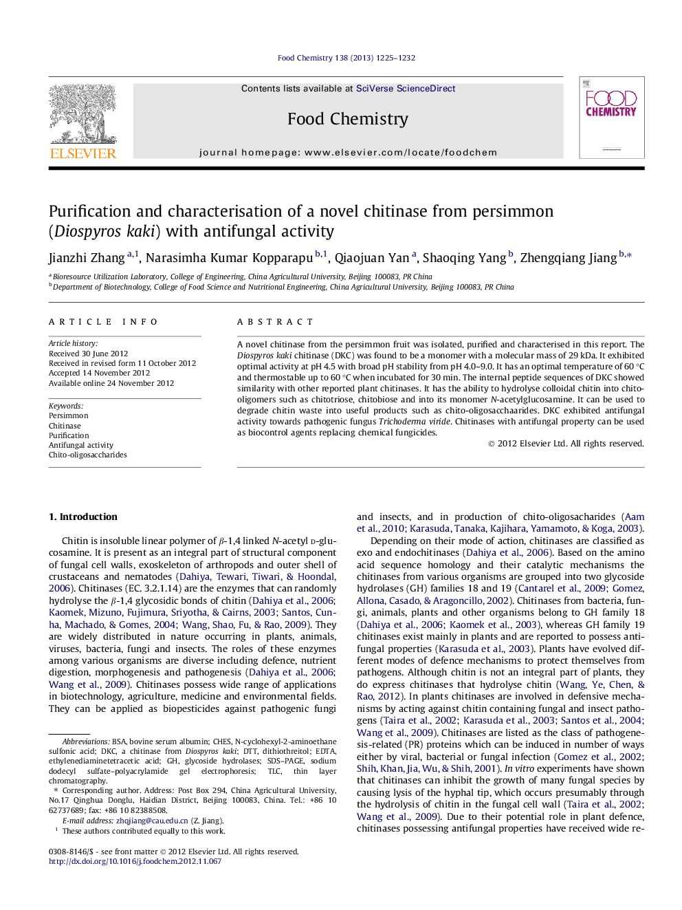 Purification and characterisation of a novel chitinase from persimmon (Diospyros kaki) with antifungal activity