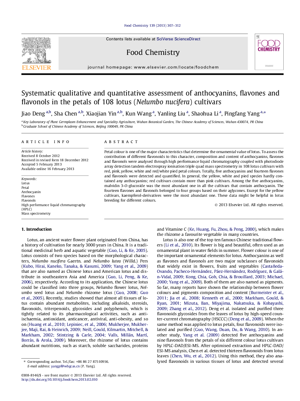 Systematic qualitative and quantitative assessment of anthocyanins, flavones and flavonols in the petals of 108 lotus (Nelumbo nucifera) cultivars