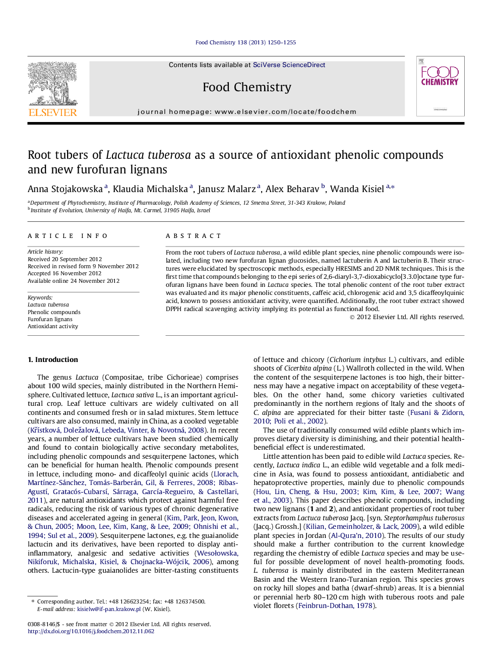 Root tubers of Lactuca tuberosa as a source of antioxidant phenolic compounds and new furofuran lignans