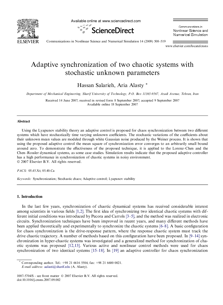 Adaptive synchronization of two chaotic systems with stochastic unknown parameters