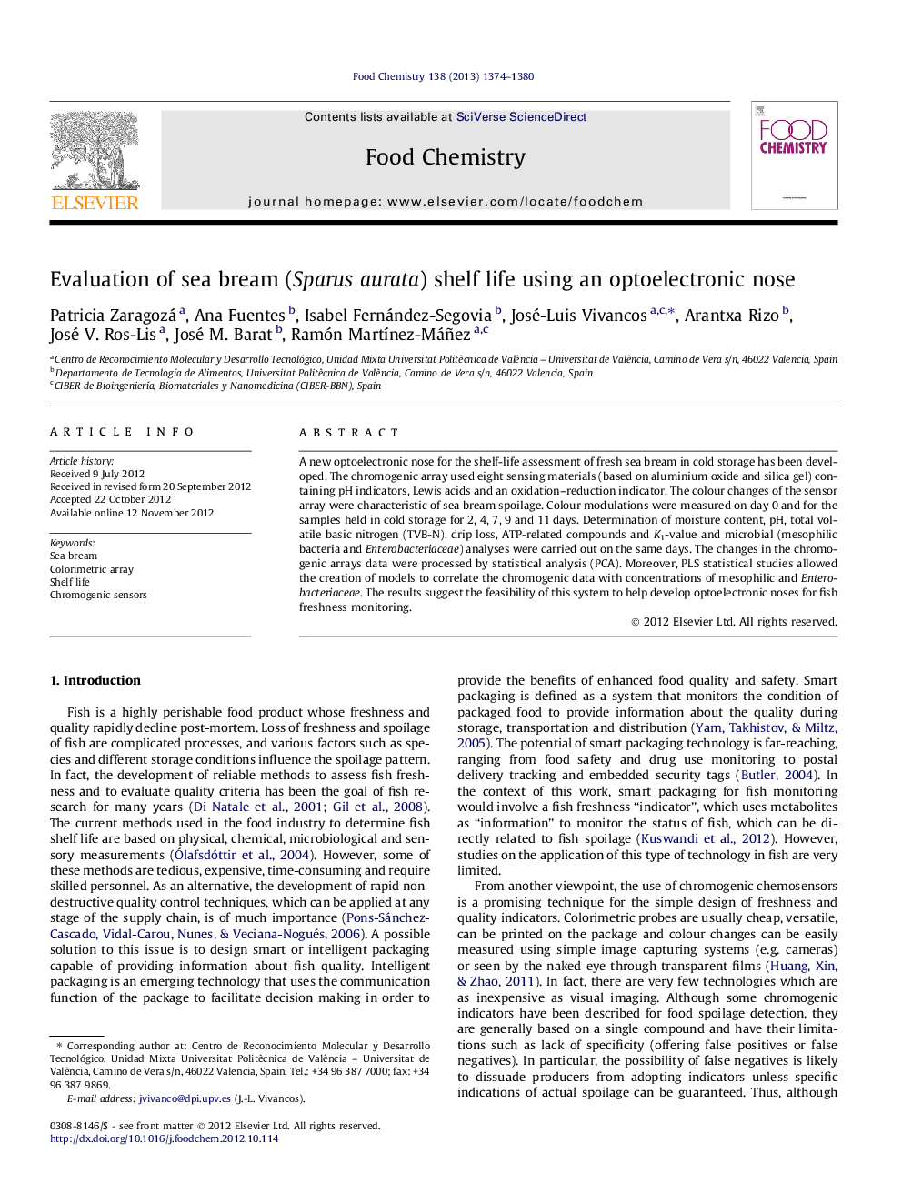 Evaluation of sea bream (Sparus aurata) shelf life using an optoelectronic nose