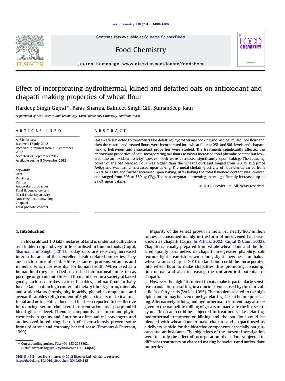 Effect of incorporating hydrothermal, kilned and defatted oats on antioxidant and chapatti making properties of wheat flour