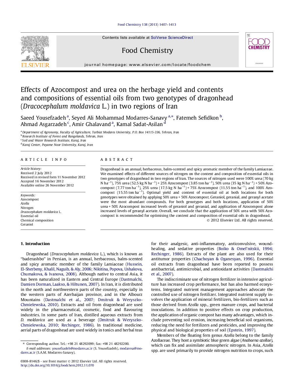 Effects of Azocompost and urea on the herbage yield and contents and compositions of essential oils from two genotypes of dragonhead (Dracocephalum moldavica L.) in two regions of Iran