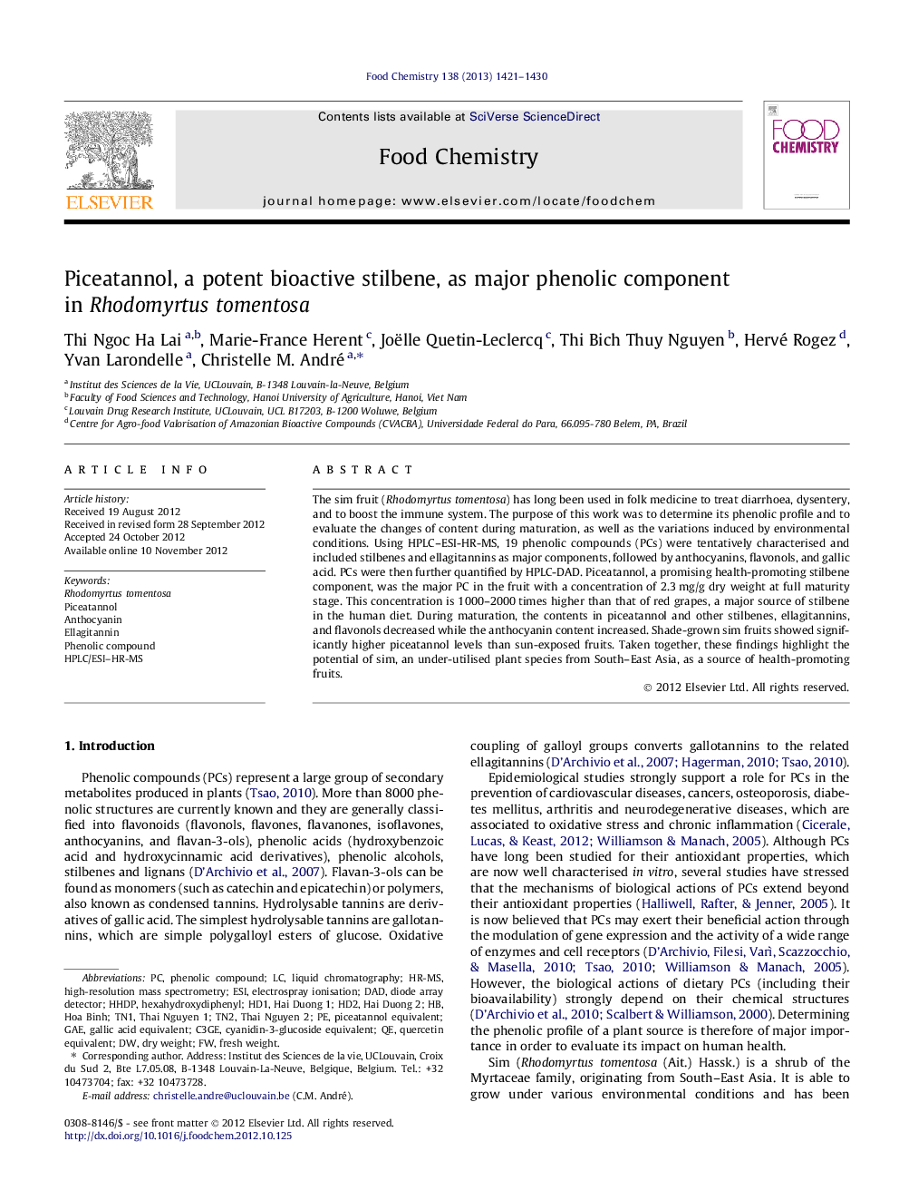 Piceatannol, a potent bioactive stilbene, as major phenolic component in Rhodomyrtus tomentosa