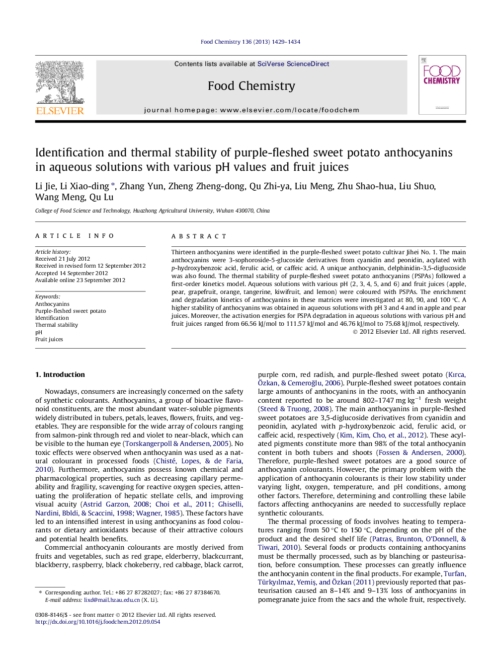 Identification and thermal stability of purple-fleshed sweet potato anthocyanins in aqueous solutions with various pH values and fruit juices