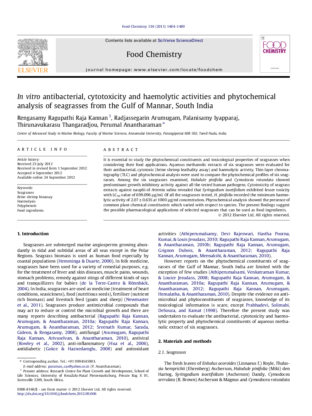 In vitro antibacterial, cytotoxicity and haemolytic activities and phytochemical analysis of seagrasses from the Gulf of Mannar, South India