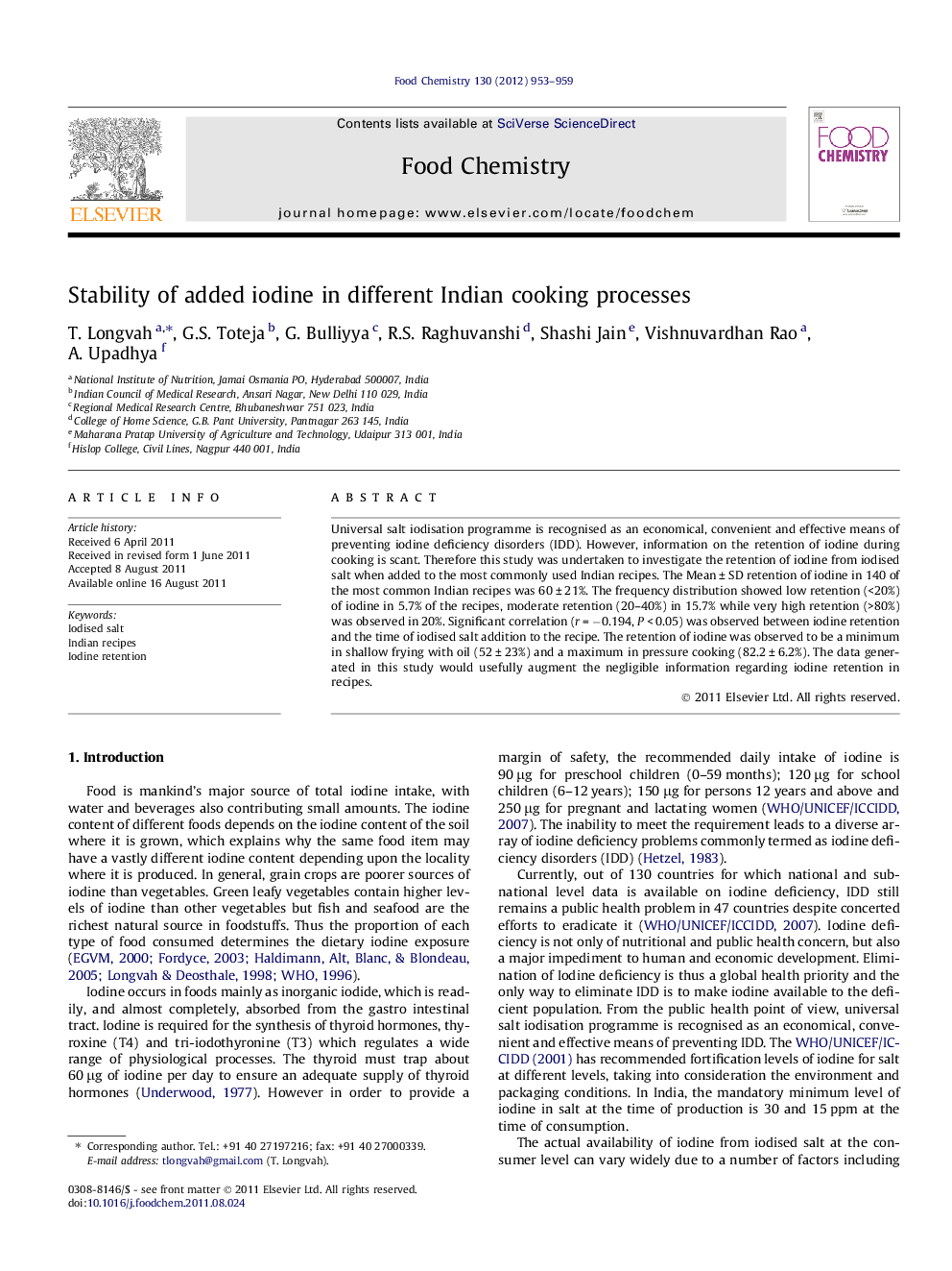 عکس صفحه اول مقاله: Stability of added iodine in different Indian cooking processes Stability of added iodine in different Indian cooking processes