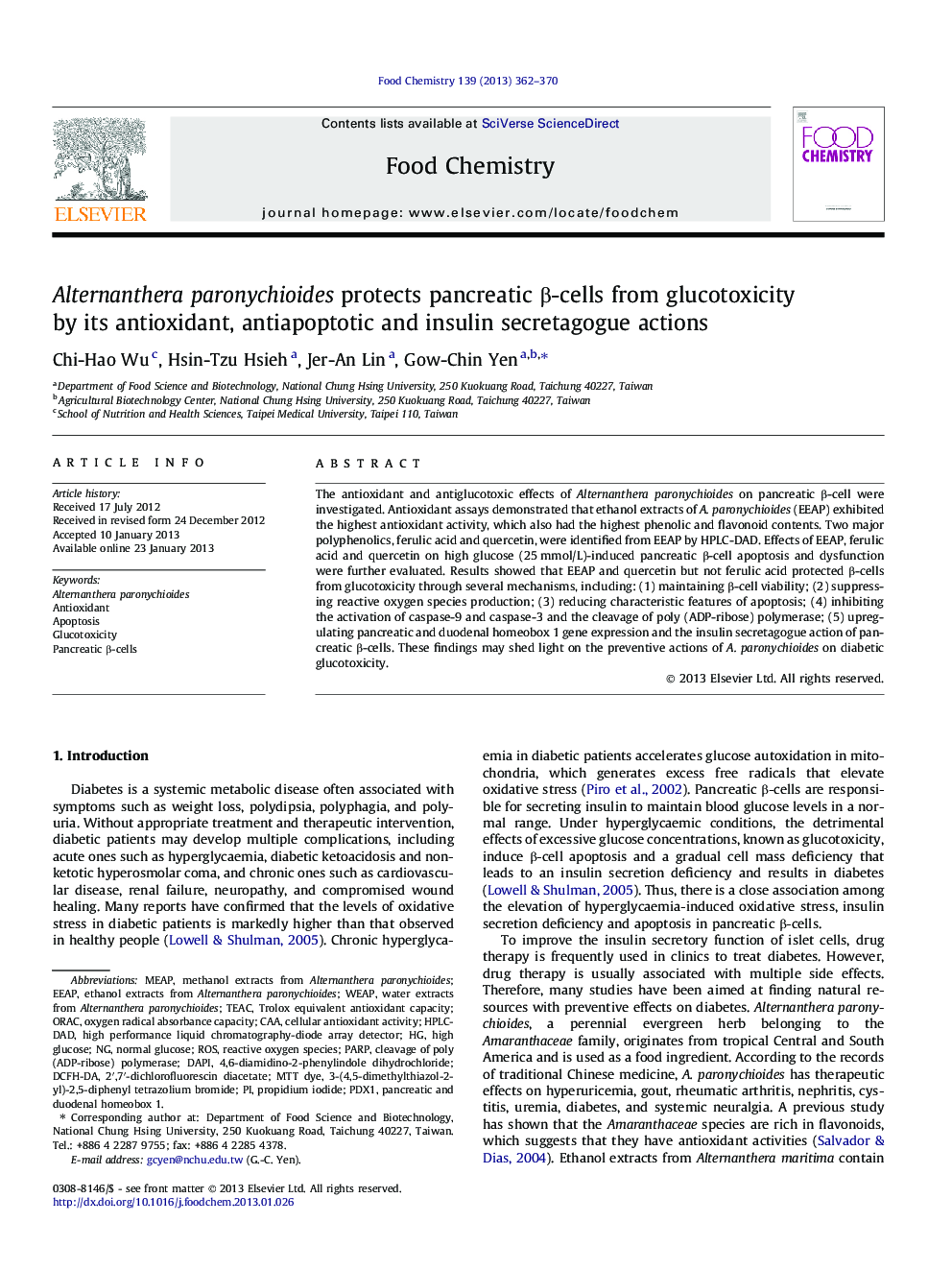 عکس صفحه اول مقاله: Alternanthera paronychioides protects pancreatic β-cells from glucotoxicity by its antioxidant, antiapoptotic and insulin secretagogue actions Alternanthera paronychioides protects pancreatic β-cells from glucotoxicity by its antioxidant, antiapoptotic and insulin secretagogue actions