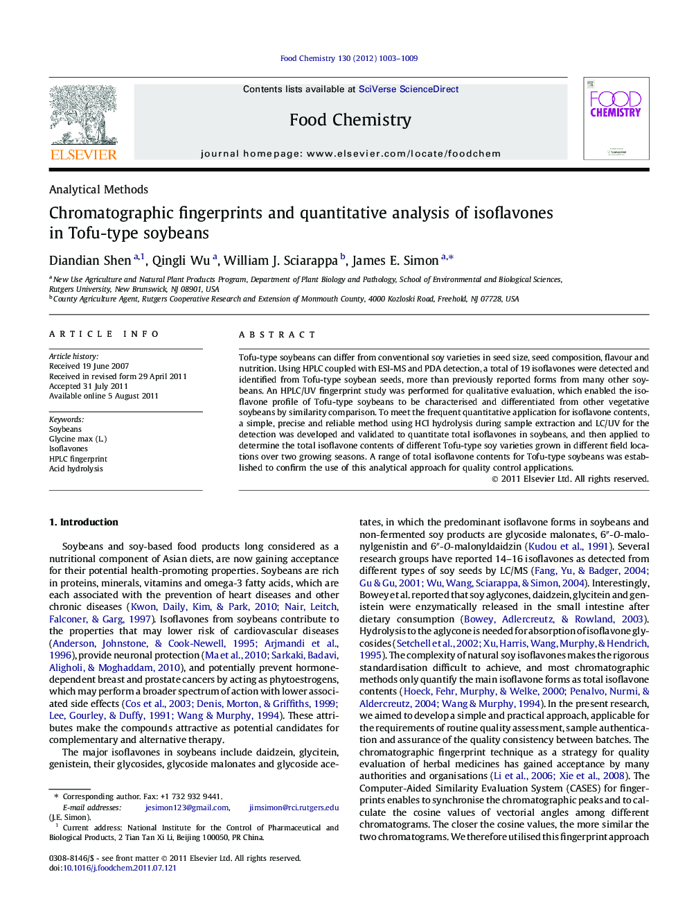 Chromatographic fingerprints and quantitative analysis of isoflavones in Tofu-type soybeans