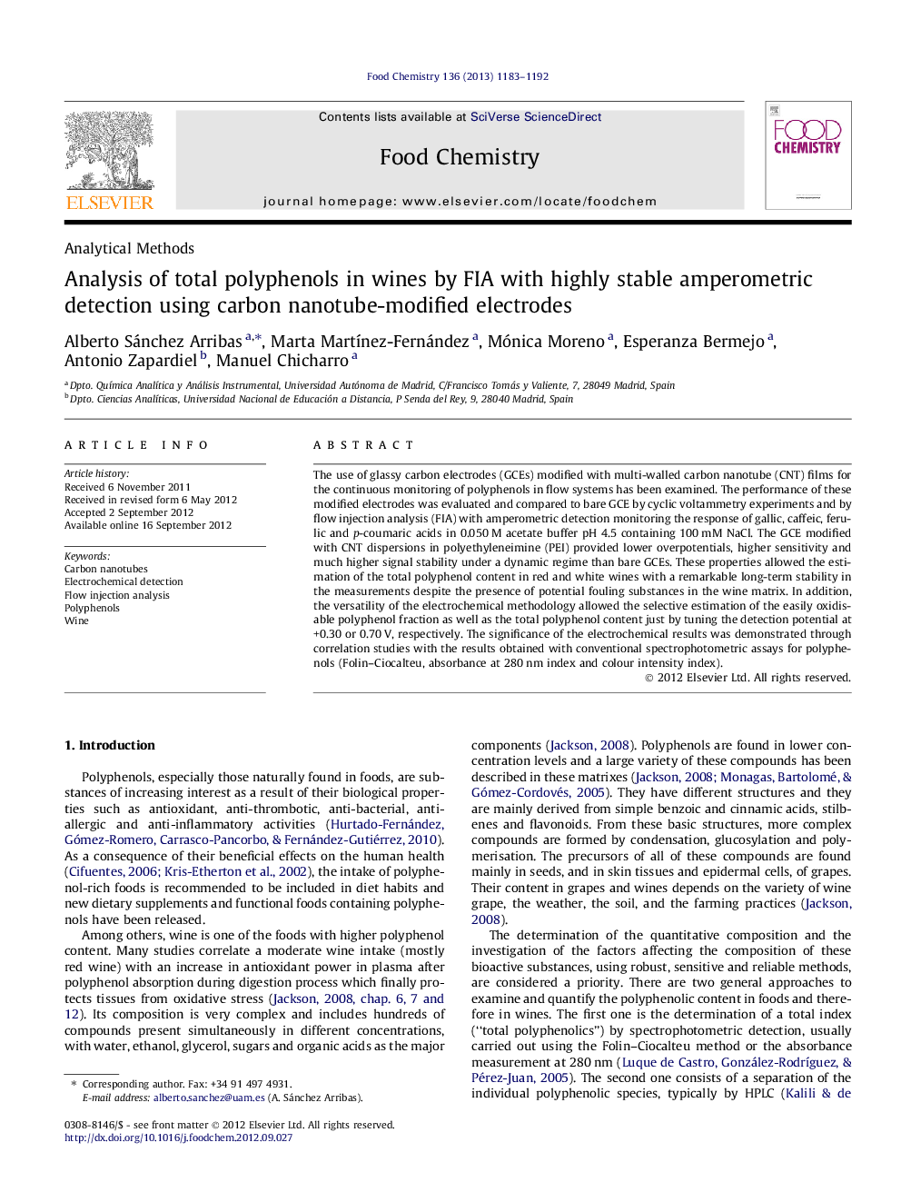 عکس صفحه اول مقاله: Analysis of total polyphenols in wines by FIA with highly stable amperometric detection using carbon nanotube-modified electrodes Analysis of total polyphenols in wines by FIA with highly stable amperometric detection using carbon nanotube-modified electrodes