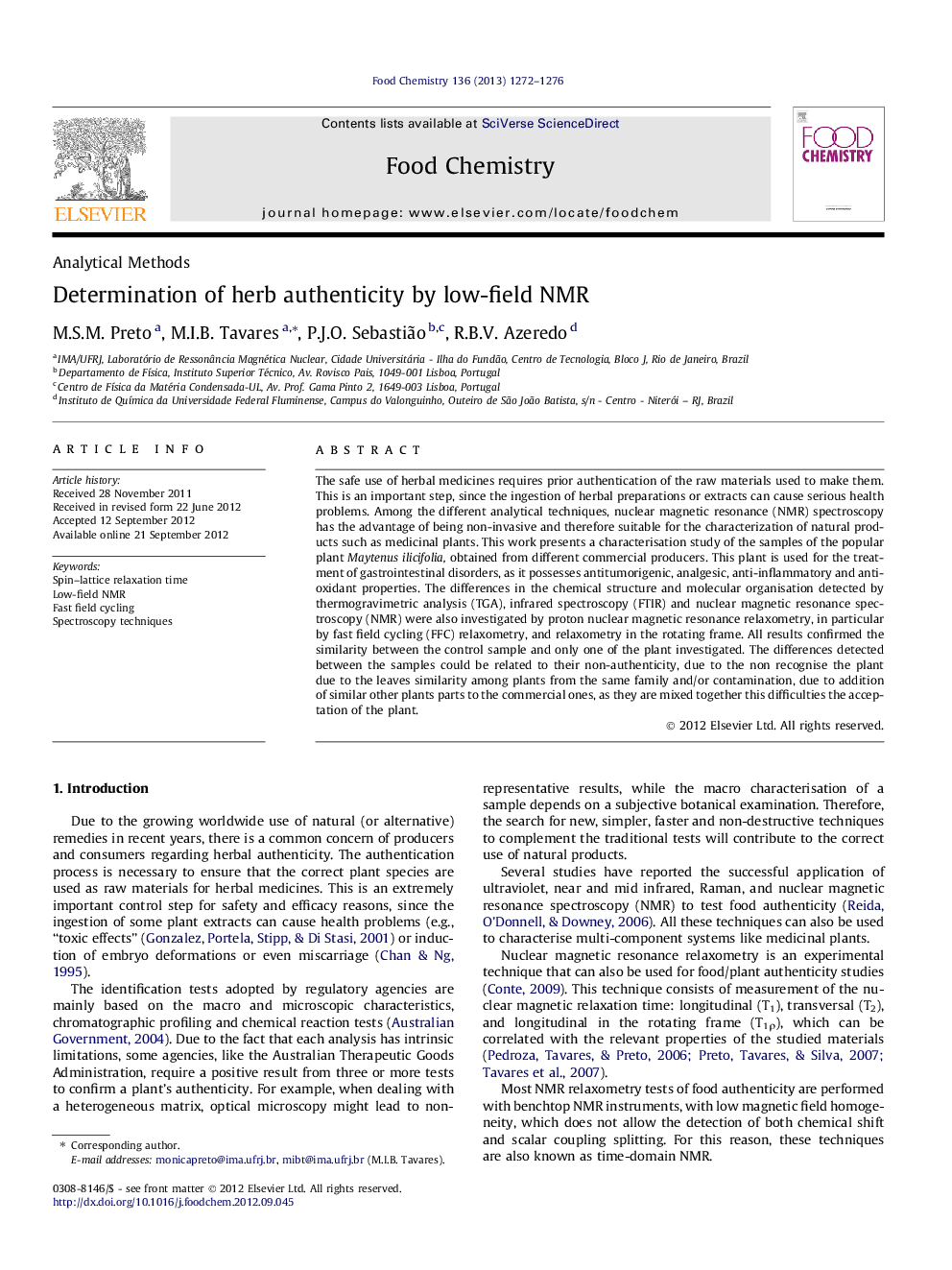 Determination of herb authenticity by low-field NMR