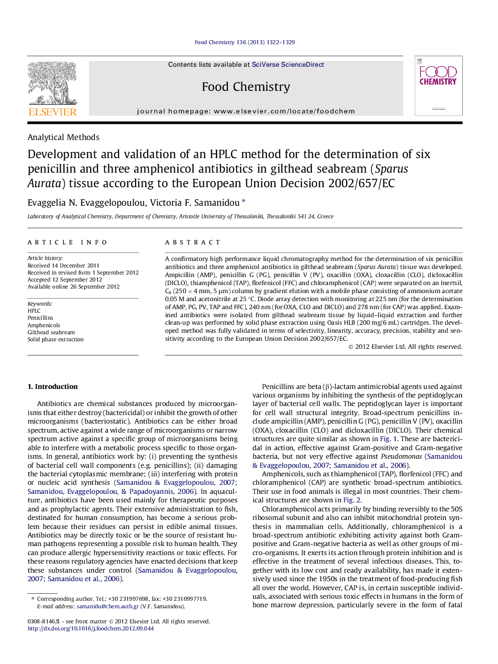 Development and validation of an HPLC method for the determination of six penicillin and three amphenicol antibiotics in gilthead seabream (Sparus Aurata) tissue according to the European Union Decision 2002/657/EC