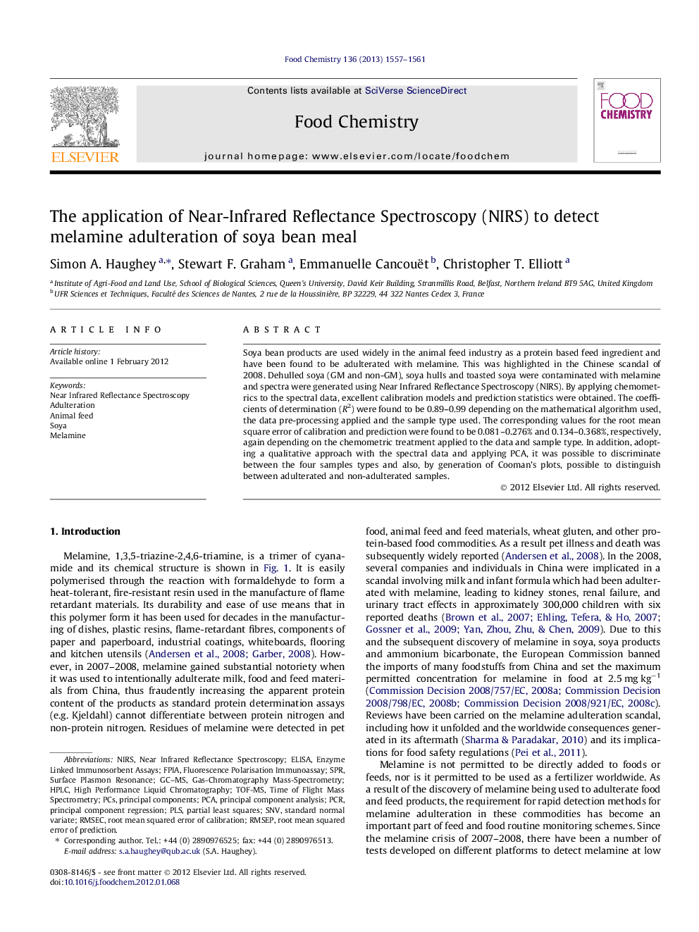 The application of Near-Infrared Reflectance Spectroscopy (NIRS) to detect melamine adulteration of soya bean meal