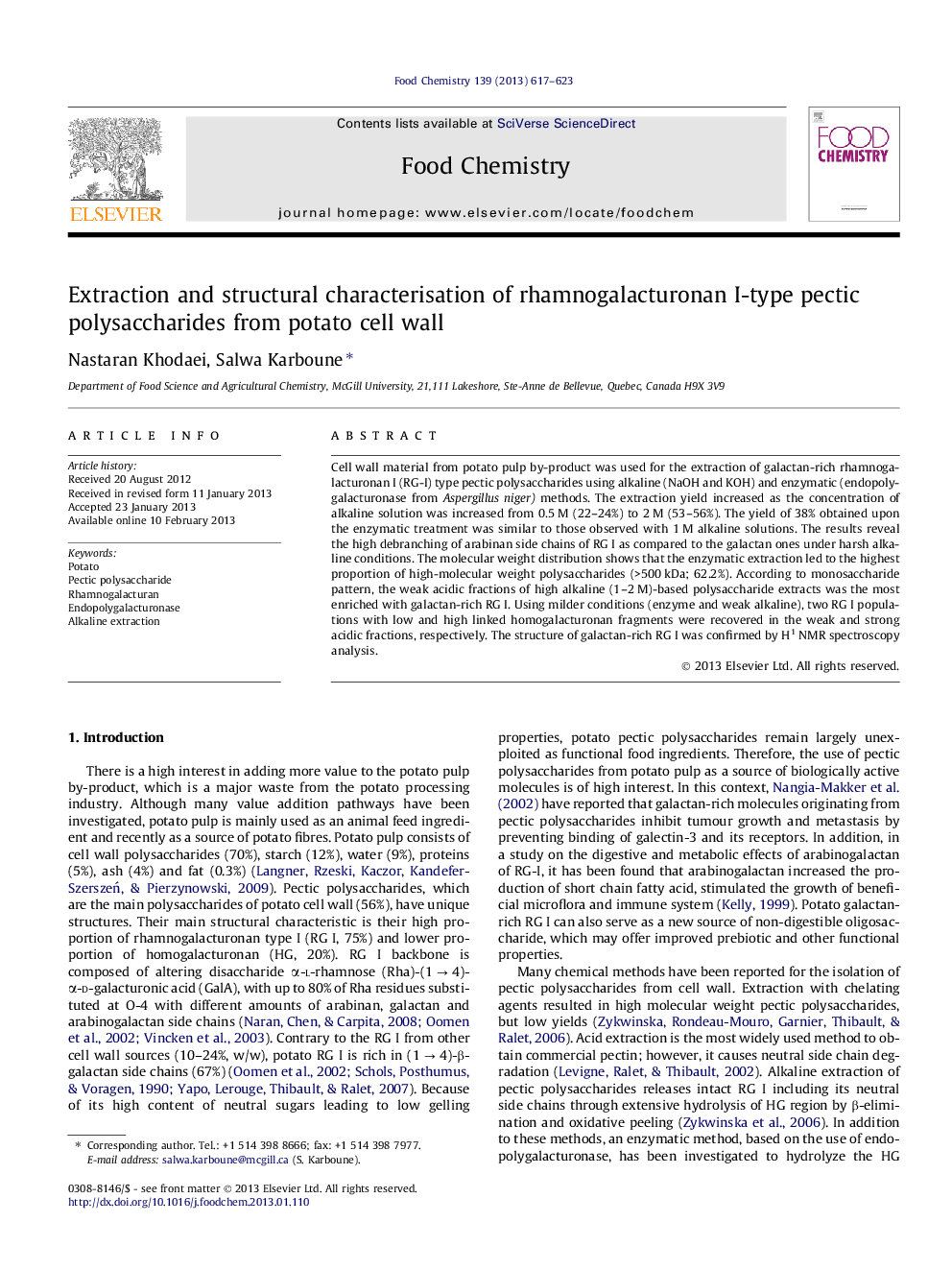 Extraction and structural characterisation of rhamnogalacturonan I-type pectic polysaccharides from potato cell wall