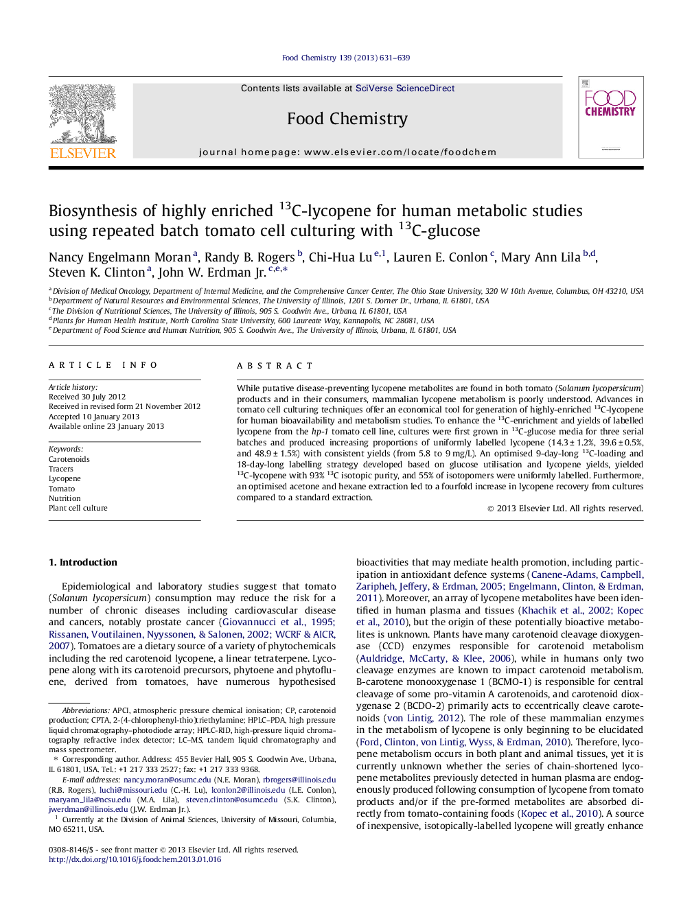 Biosynthesis of highly enriched 13C-lycopene for human metabolic studies using repeated batch tomato cell culturing with 13C-glucose