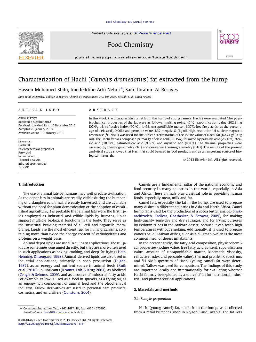 Characterization of Hachi (Camelus dromedarius) fat extracted from the hump