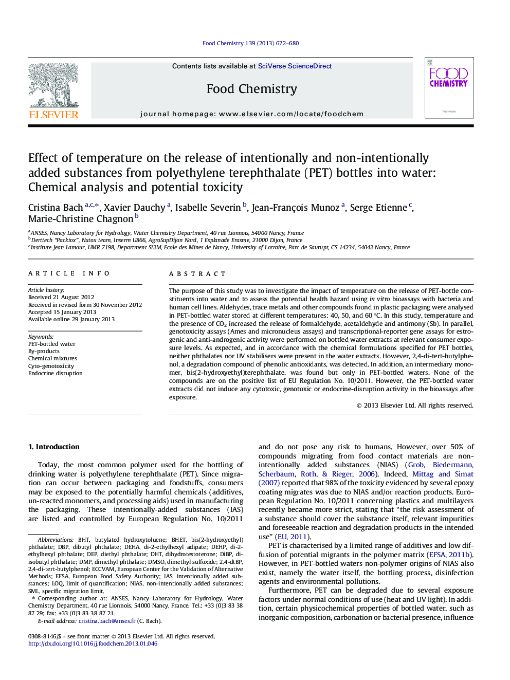 Effect of temperature on the release of intentionally and non-intentionally added substances from polyethylene terephthalate (PET) bottles into water: Chemical analysis and potential toxicity