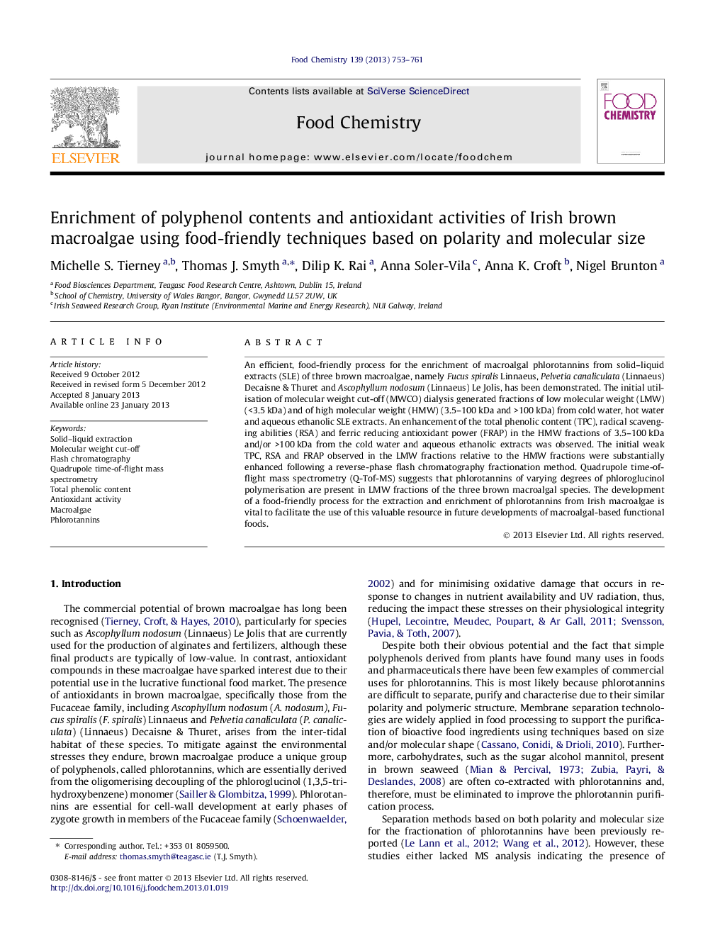 Enrichment of polyphenol contents and antioxidant activities of Irish brown macroalgae using food-friendly techniques based on polarity and molecular size