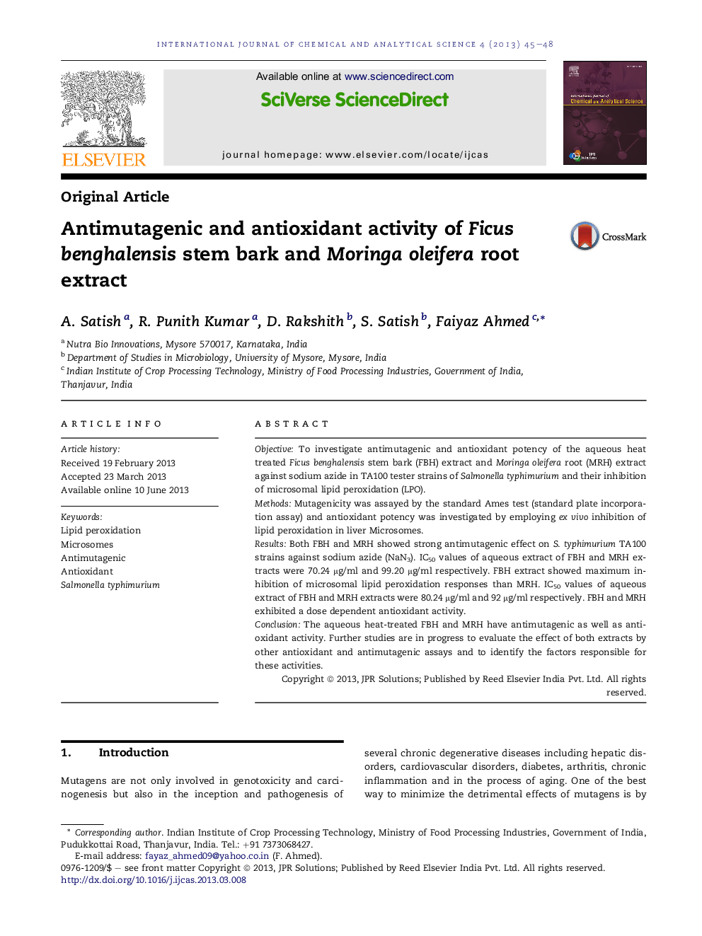 Antimutagenic and antioxidant activity of Ficus benghalensis stem bark and Moringa oleifera root extract