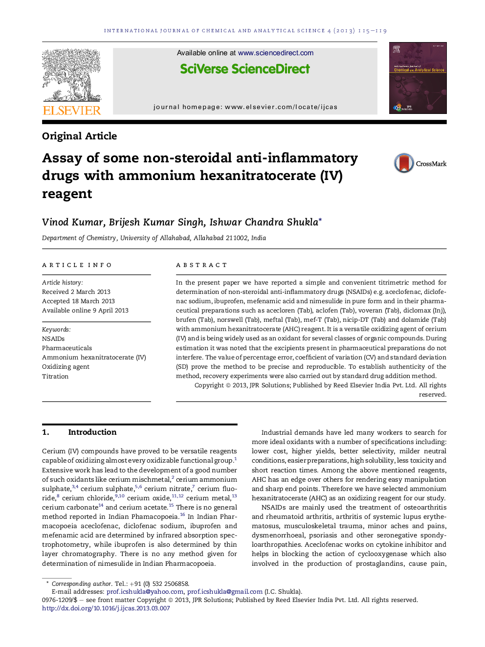 Assay of some non-steroidal anti-inflammatory drugs with ammonium hexanitratocerate (IV) reagent