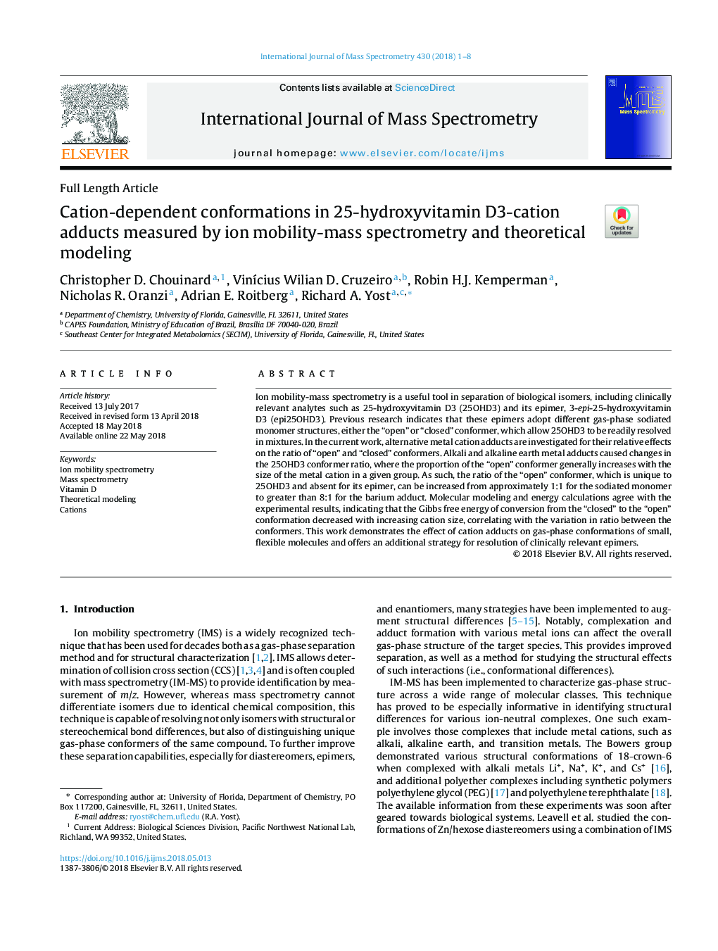 Cation-dependent conformations in 25-hydroxyvitamin D3-cation adducts measured by ion mobility-mass spectrometry and theoretical modeling