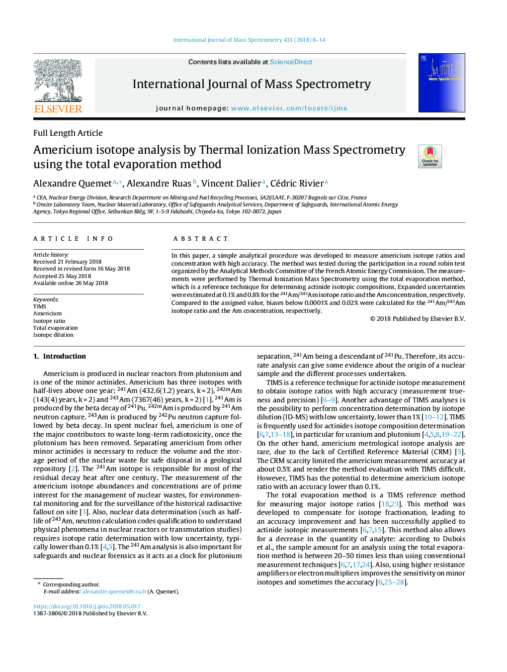 Americium isotope analysis by Thermal Ionization Mass Spectrometry using the total evaporation method