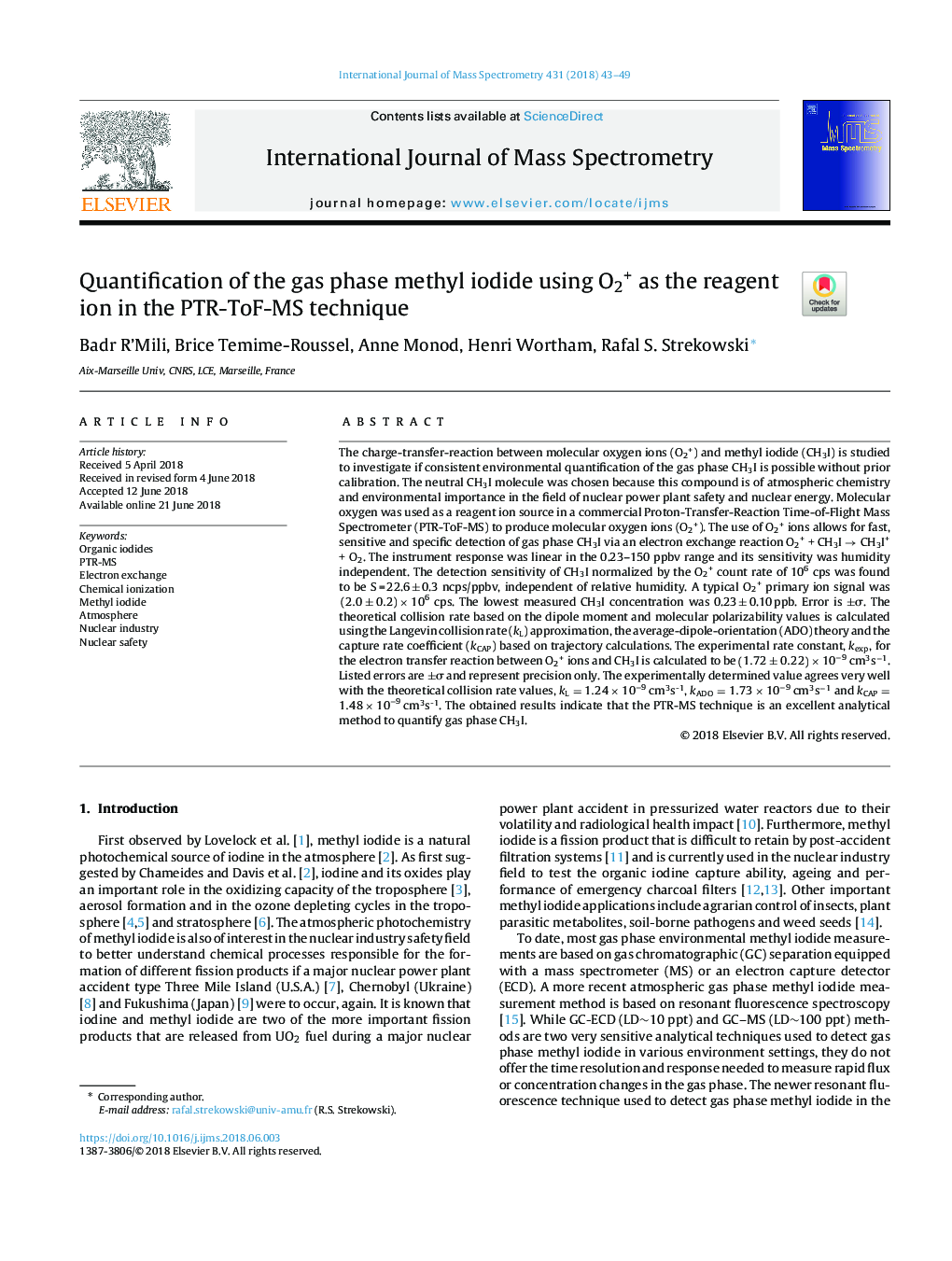 Quantification of the gas phase methyl iodide using O2+ as the reagent ion in the PTR-ToF-MS technique