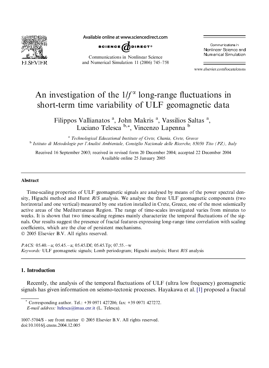 An investigation of the 1/fα long-range fluctuations in short-term time variability of ULF geomagnetic data