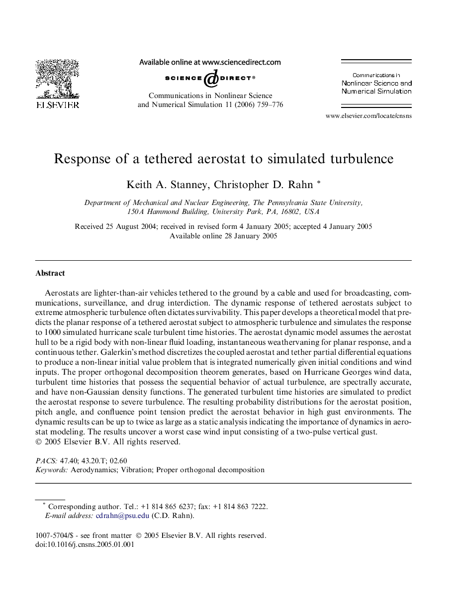 Response of a tethered aerostat to simulated turbulence