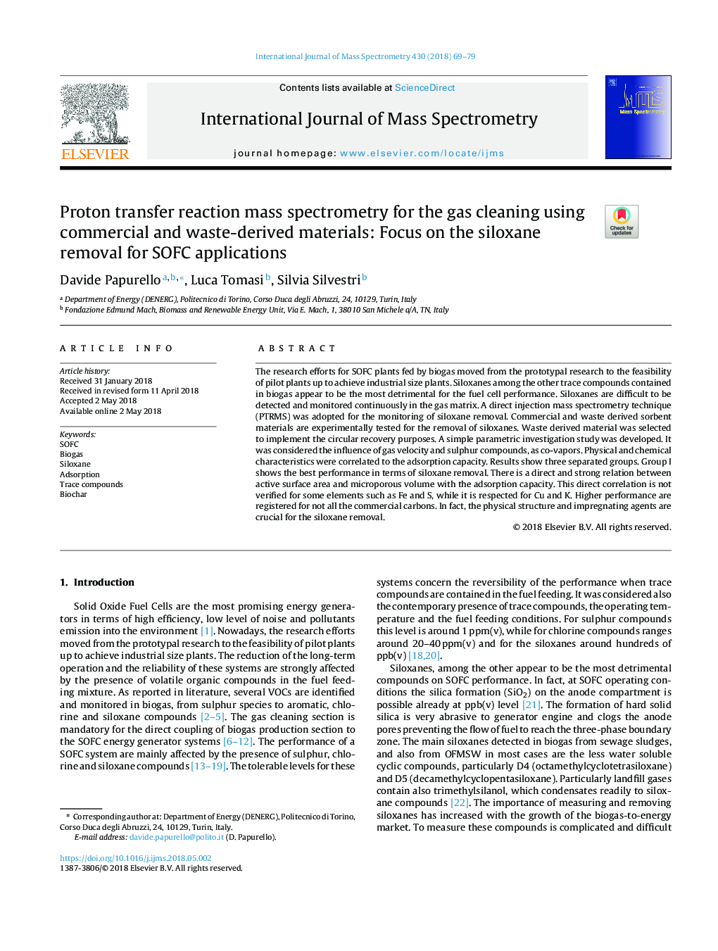 Proton transfer reaction mass spectrometry for the gas cleaning using commercial and waste-derived materials: Focus on the siloxane removal for SOFC applications