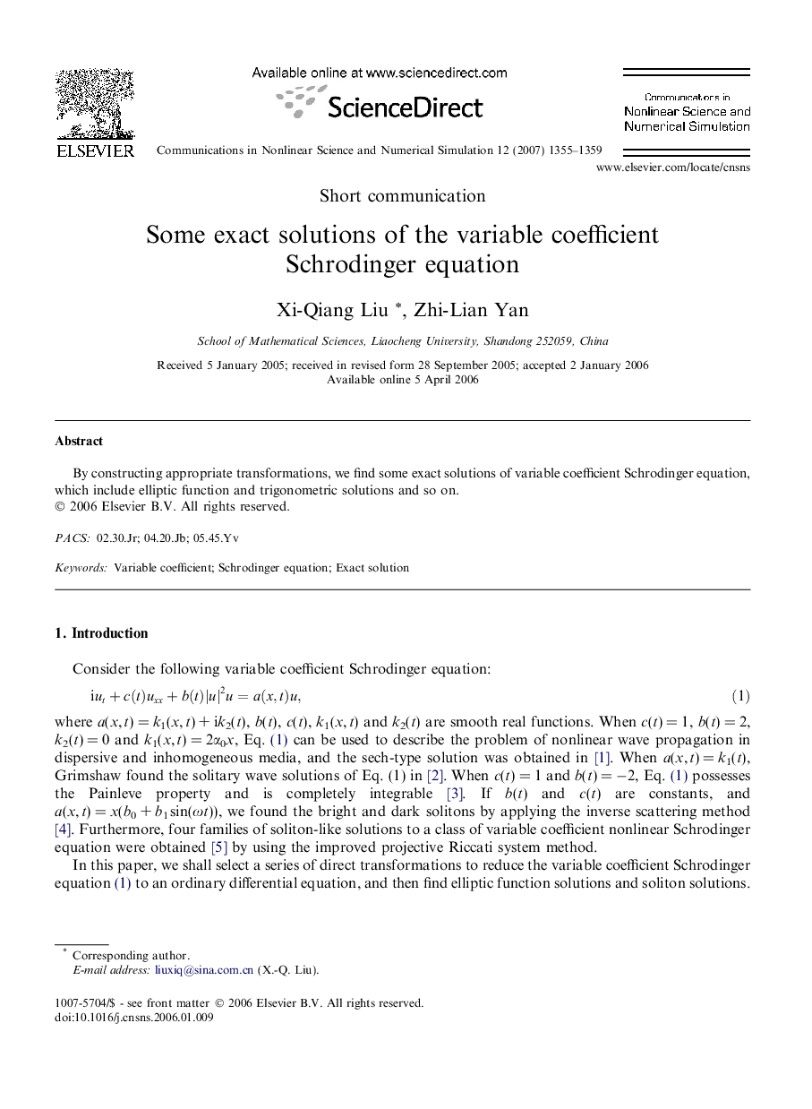 Some exact solutions of the variable coefficient Schrodinger equation