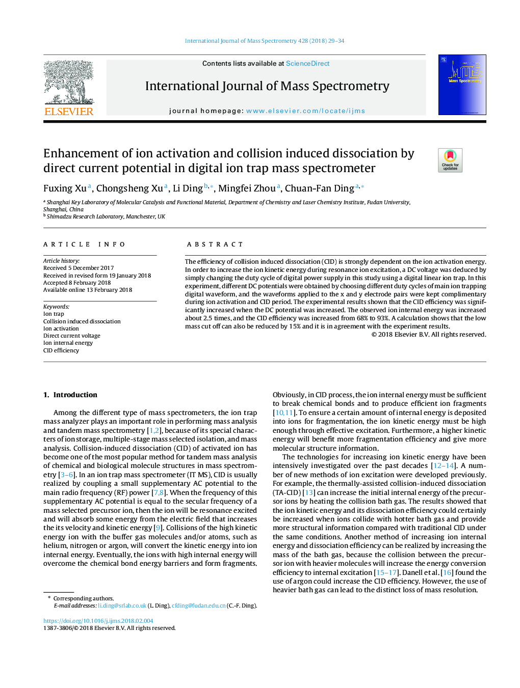 Enhancement of ion activation and collision induced dissociation by direct current potential in digital ion trap mass spectrometer