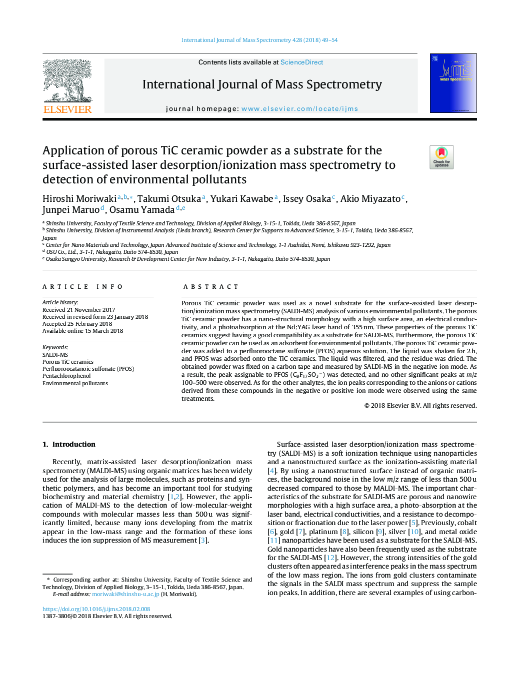Application of porous TiC ceramic powder as a substrate for the surface-assisted laser desorption/ionization mass spectrometry to detection of environmental pollutants